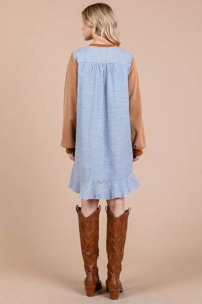 Ces Femme Striped Patchwork Round Neck Terry Sweatshirt Dress - Hovatok