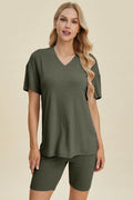 Basic Bae Full Size Ribbed V-Neck Short Sleeve Top and Shorts Set - Hovatok