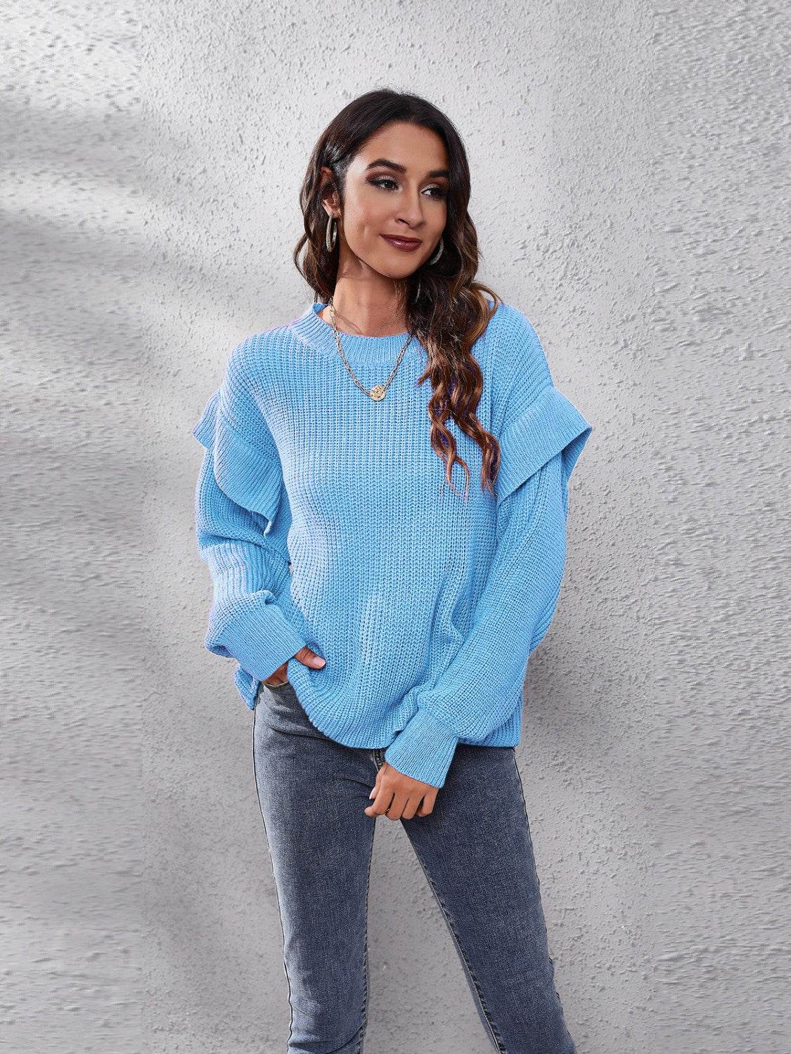 Ruffled Round Neck Dropped Shoulder Sweater - Hovatok