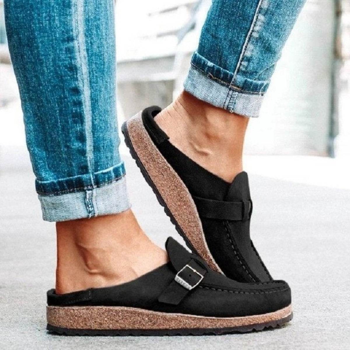 Round Toe Low Heel Buckle Loafers - Hovatok