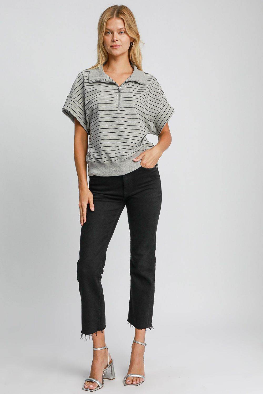 Umgee Striped Half Zip Short Sleeve Sweatshirt - Hovatok