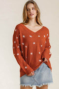 Umgee Full Size Star V-Neck Long Sleeve Sweater Plus Size - Hovatok