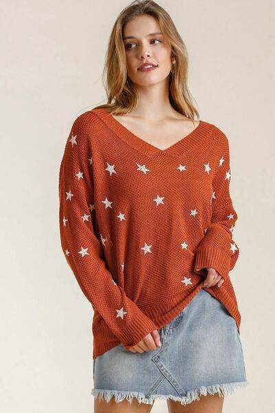 Umgee Full Size Star V-Neck Long Sleeve Sweater Plus Size - Hovatok