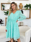 Double Take Full Size Printed Ruched V-Neck Long Sleeve Dress - Hovatok