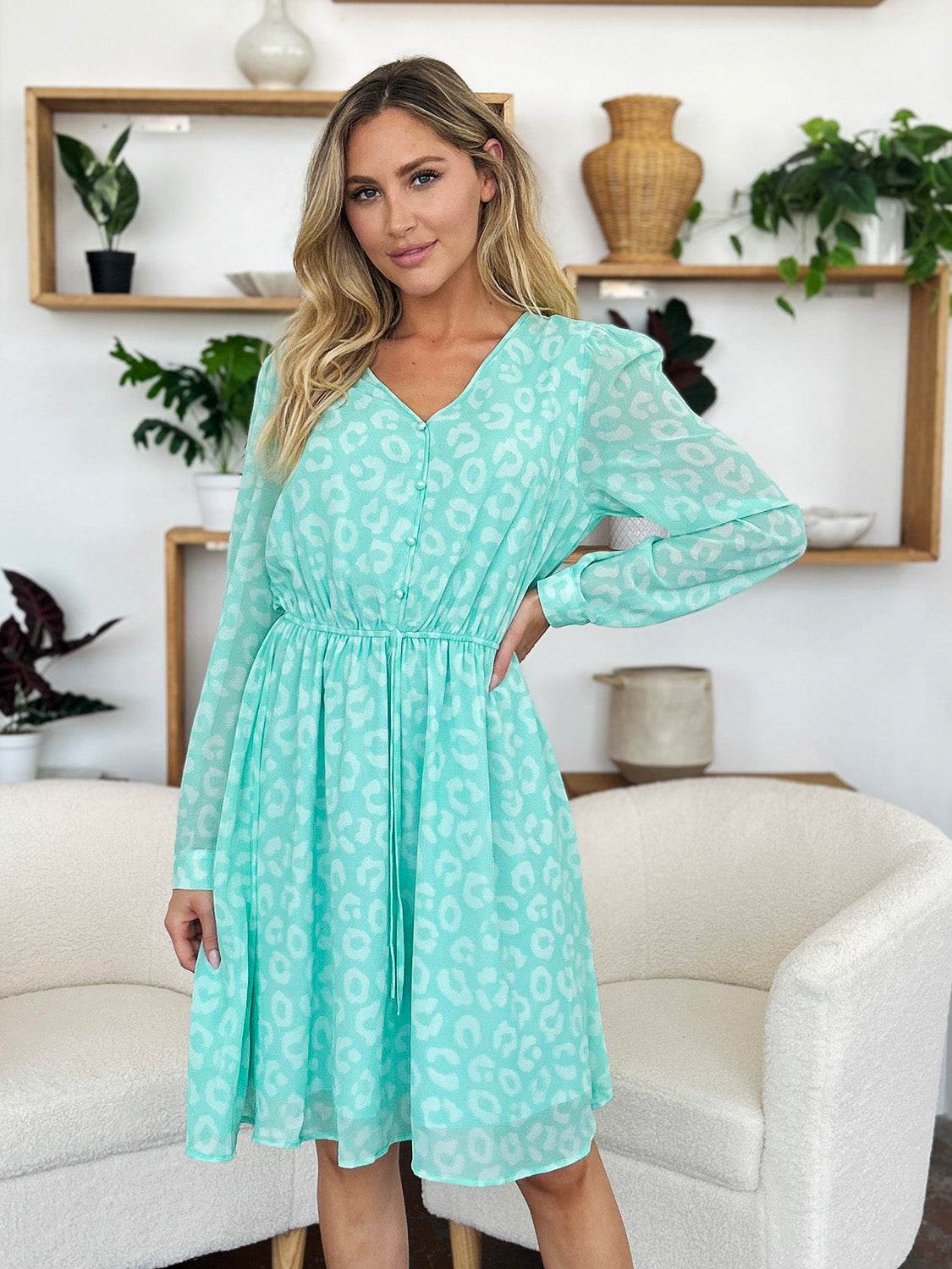 Double Take Full Size Printed Ruched V-Neck Long Sleeve Dress - Hovatok