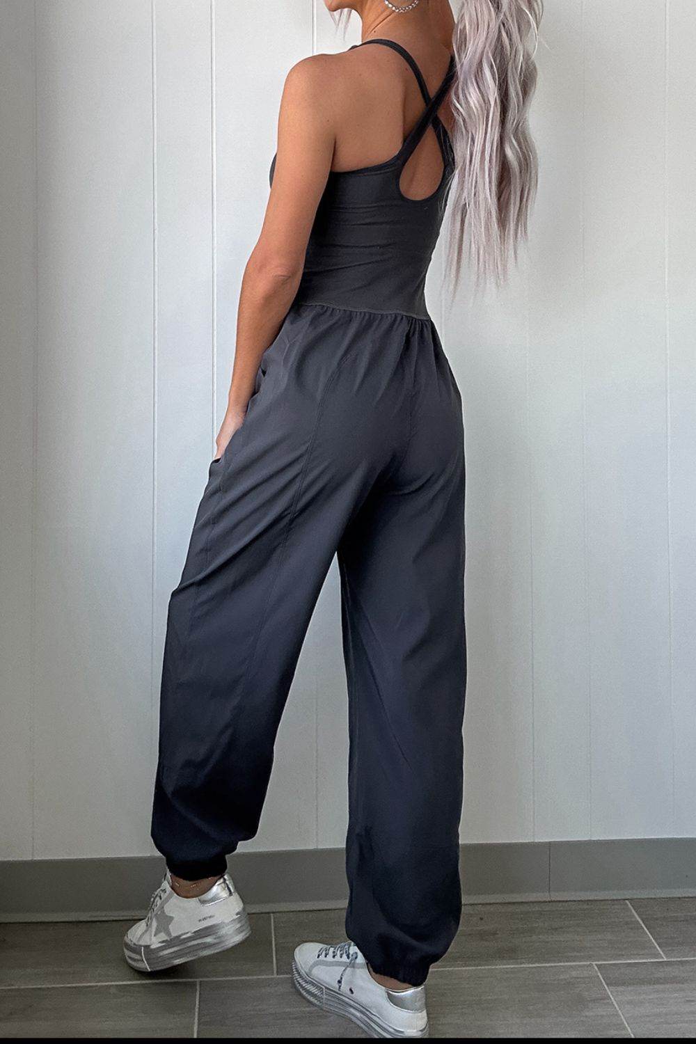 Cutout Square Neck Wide Strap Active Jumpsuit - Hovatok