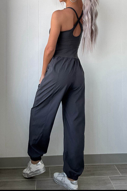 Cutout Square Neck Wide Strap Active Jumpsuit - Hovatok