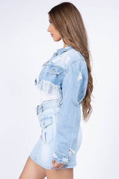 American Bazi Distressed Denim Jacket with Frayed Hem - Hovatok