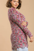 Umgee Full Size Distressed Hem Multicolored Round Neck Knit Tunic Dress Plus Size - Hovatok