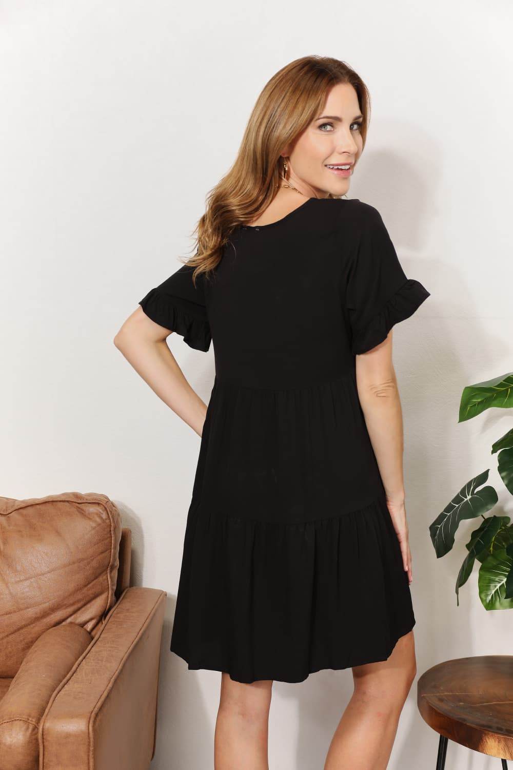 Mandy V-Neck Flounce Sleeve Tiered Dress - Hovatok