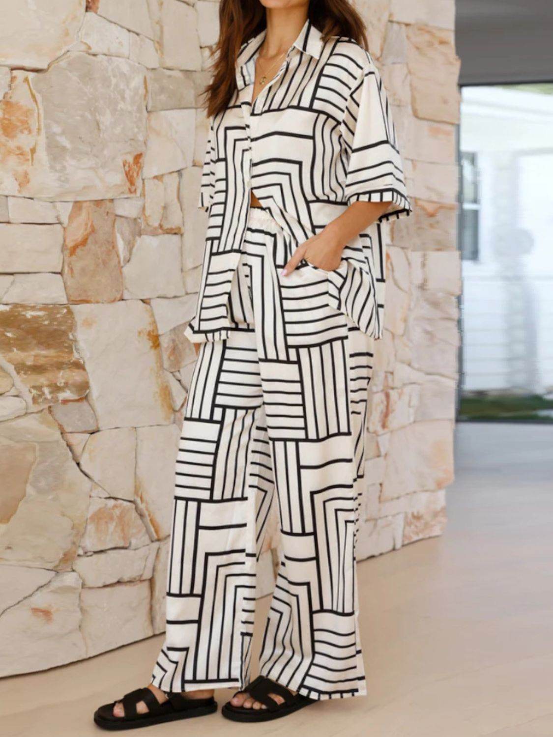 Button Down Half Sleeve Top and Pants Set - Hovatok