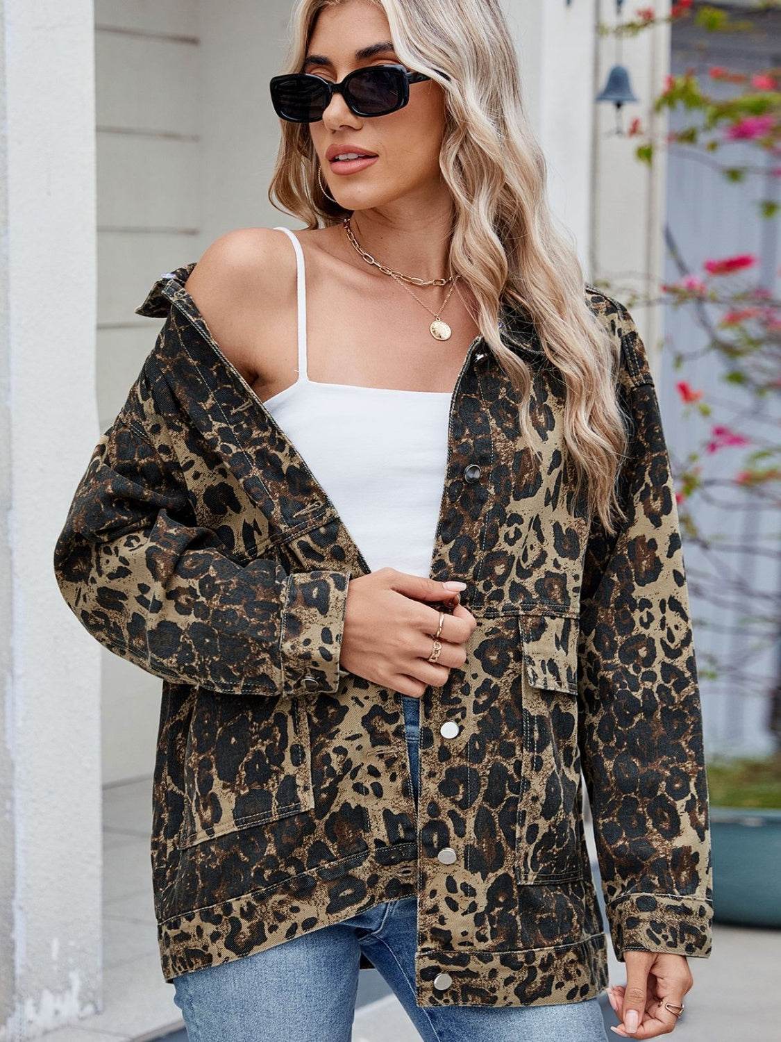 Leopard Button Up Drop Shoulder Denim Jacket - Hovatok