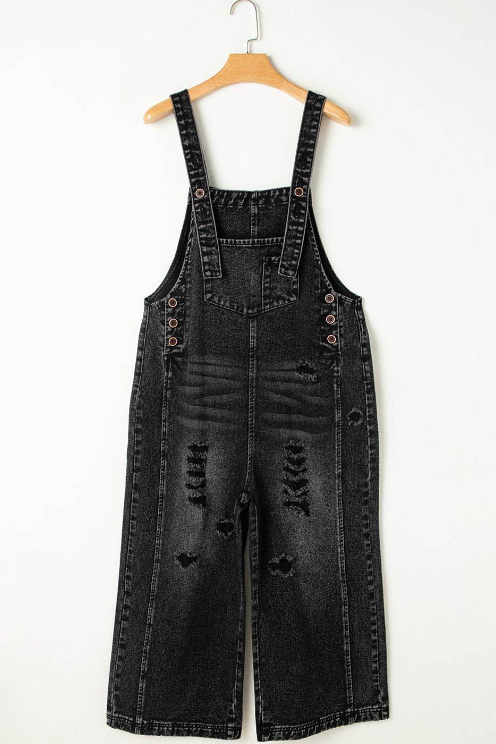 Distressed Wide Strap Denim Overalls - Hovatok