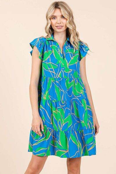 Mittoshop Leaf Print Ruffle Sleeve Tiered Mini Dress - Hovatok