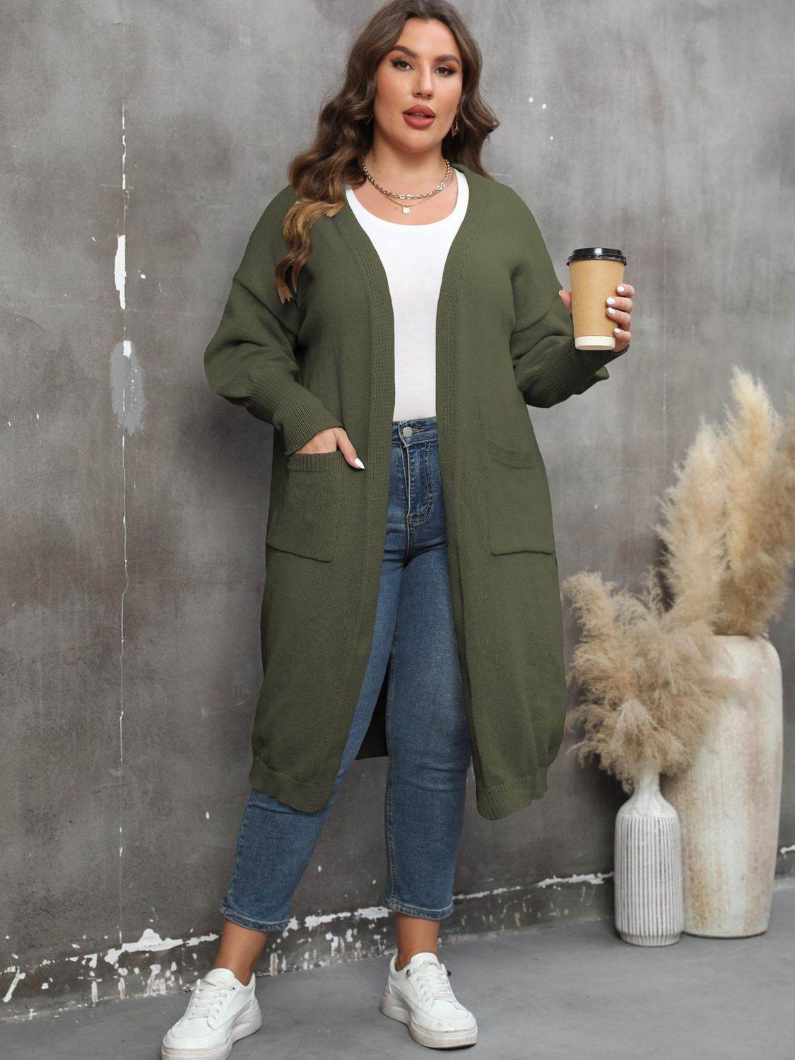 Plus Size Long Sleeve Pocketed Cardigan - Hovatok