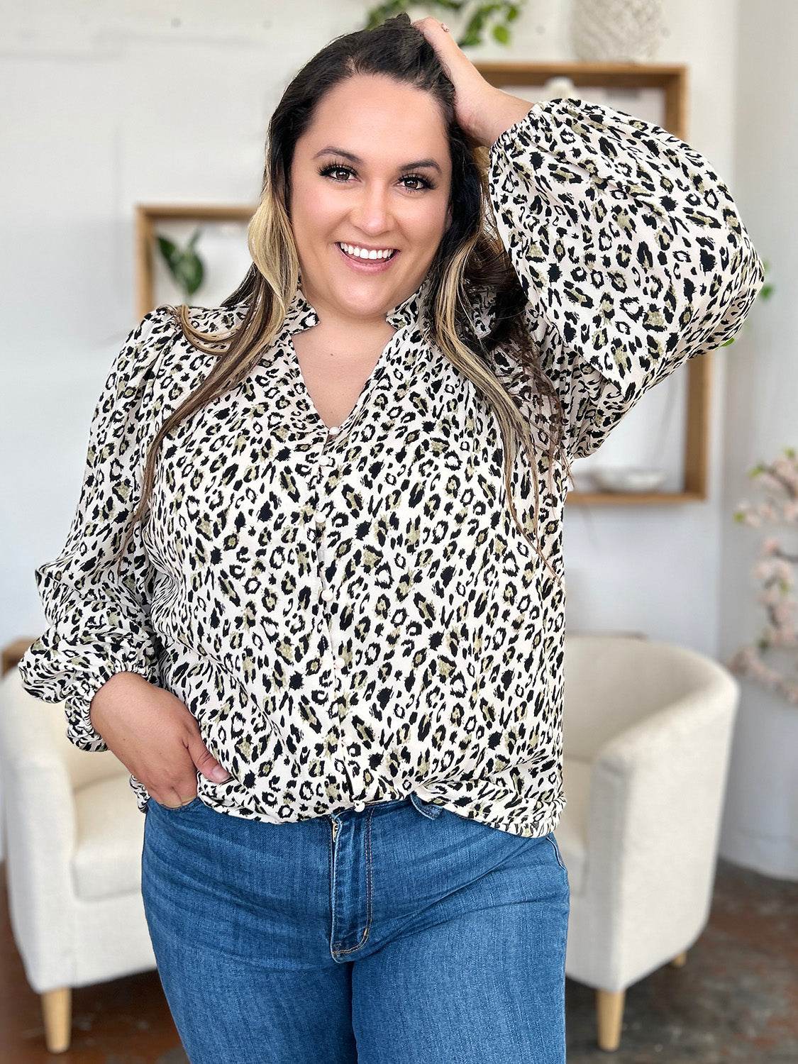 Double Take Full Size Leopard Long Sleeve Blouse - Hovatok