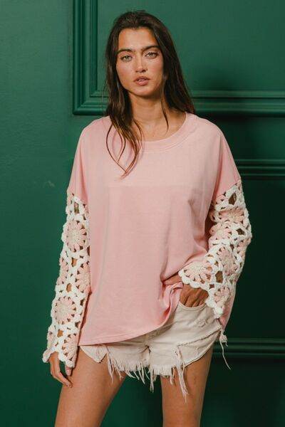 BiBi French Terry Crochet Sleeve Top - Hovatok