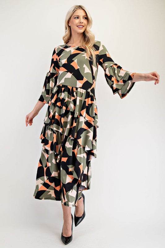 Celeste Full Size Printed Asymmetrical Ruffle Midi Dress Plus Size - Hovatok