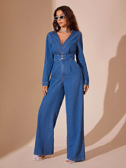 Plunge Long Sleeve Wide Leg Denim Jumpsuit - Hovatok