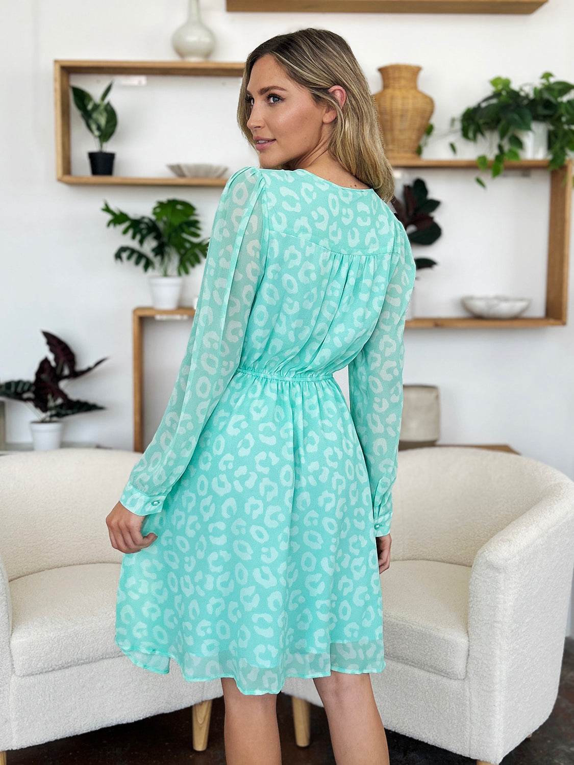 Double Take Full Size Printed Ruched V-Neck Long Sleeve Dress - Hovatok