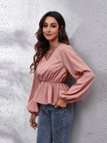 V-Neck Balloon Sleeve Peplum Blouse - Hovatok