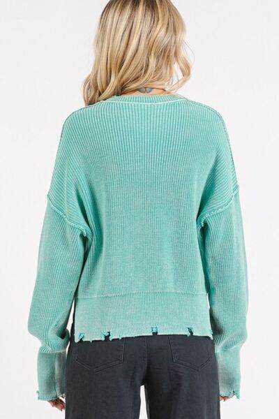 Mittoshop Distressed Hem Round Neck Dropped Shoulder Sweater - Hovatok