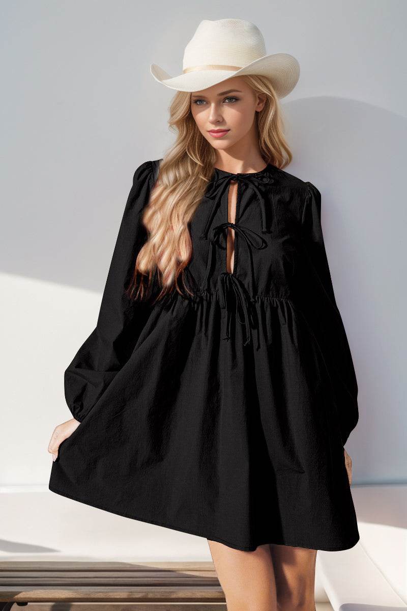 Double Take Christmas Front Tied Long Sleeve Mini Dress - Hovatok