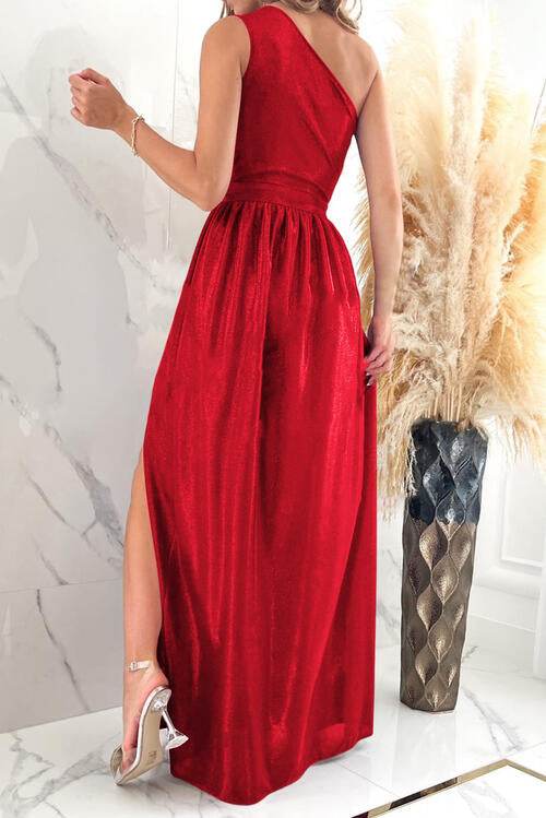 One Shoulder Slit Ruched Maxi Dress - Hovatok