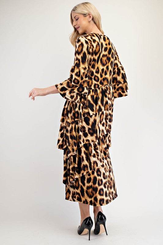 Celeste Full Size Leopard Asymmetrical Ruffle Midi Dress Plus Size - Hovatok