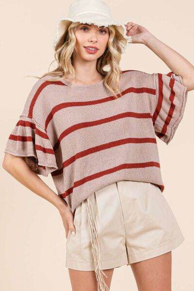 Mittoshop Striped Flounce Sleeve Knit Top - Hovatok