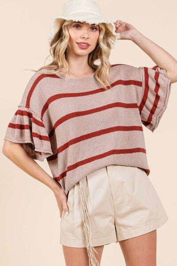 Mittoshop Striped Flounce Sleeve Knit Top - Hovatok