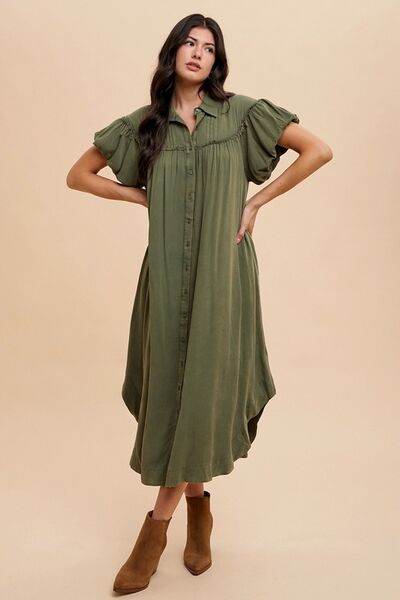 Annie Wear Mineral Washed Button Down Puff Sleeve Shirt Dress - Hovatok