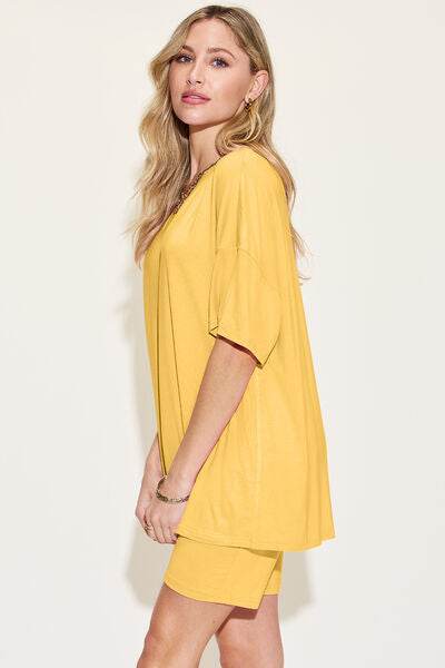 Basic Bae Bamboo Full Size V-Neck Drop Shoulder T-Shirt and Shorts Set - Hovatok