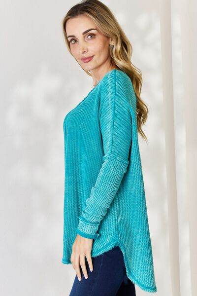 Zenana Oversized Washed Waffle Long Sleeve Top - Hovatok