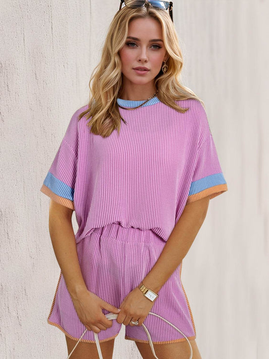Oh Texture Round Neck Half Sleeve Top and Shorts Set - Hovatok