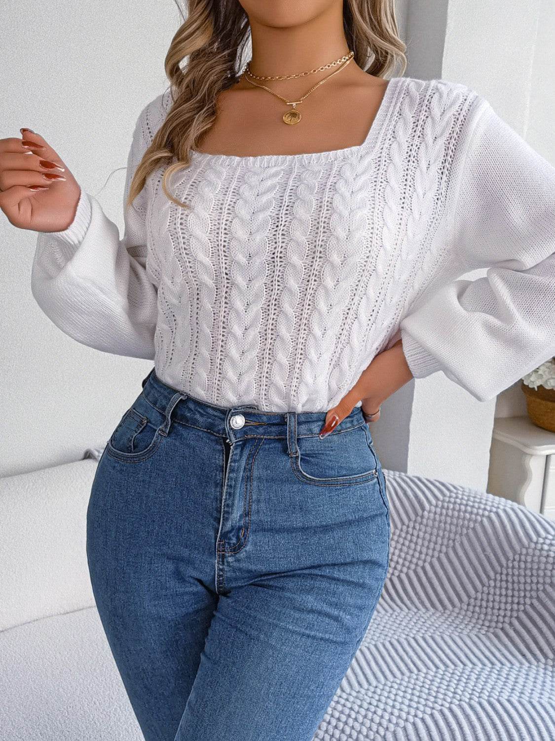 Cable-Knit Square Neck Long Sleeve Sweater - Hovatok