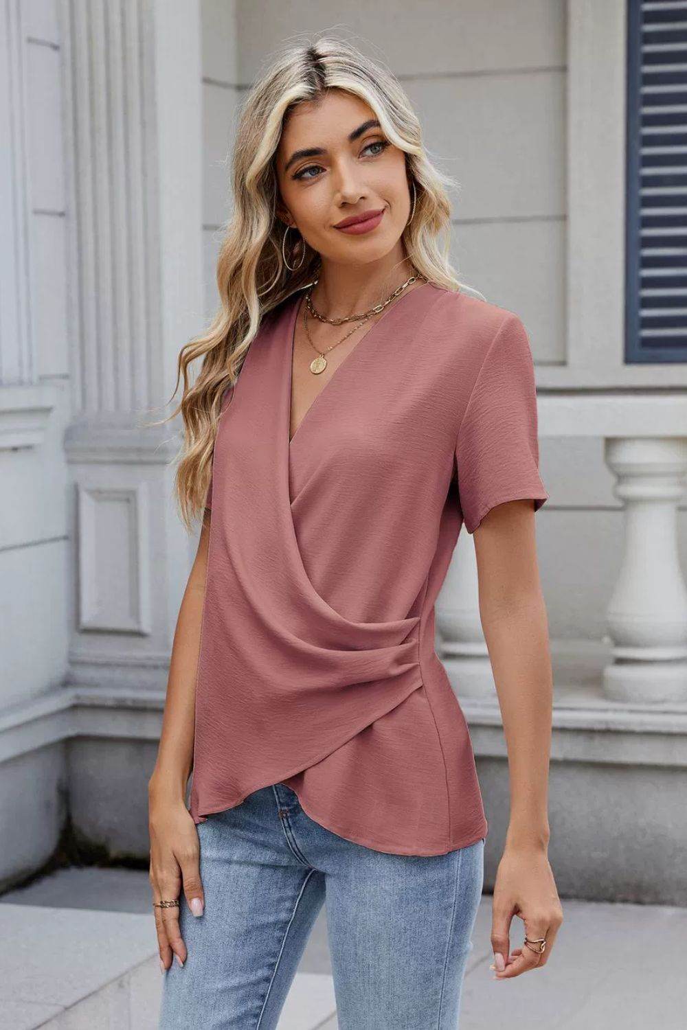 Solid Color Surplice Short Sleeve Blouse - Hovatok