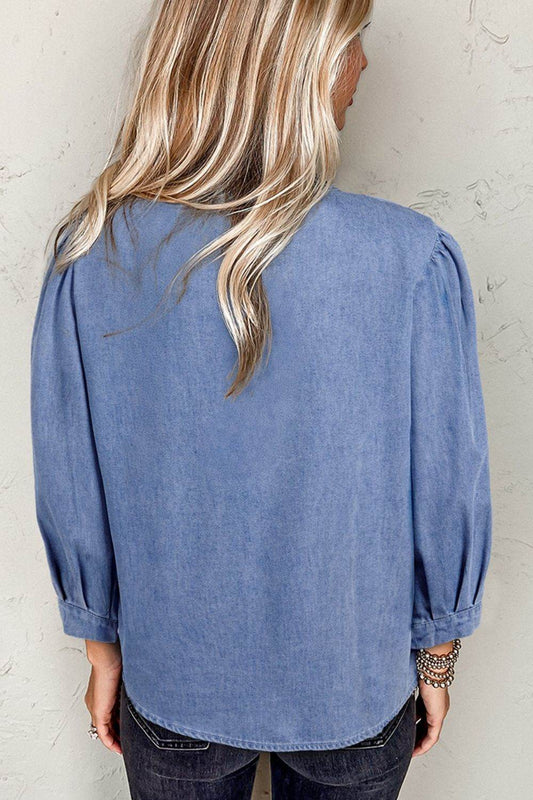 Bow Tie Long Sleeve Denim Top - Hovatok