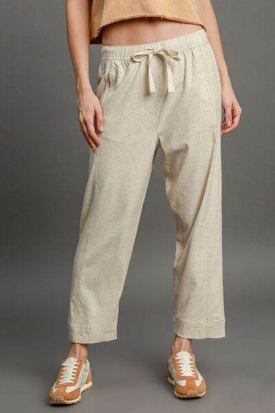 Umgee Full Size Drawstring Elastic Waistband Linen Blend Pants Plus Size - Hovatok