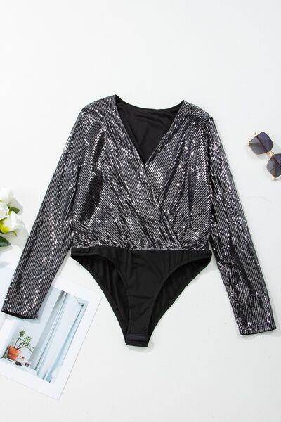 Sequin Surplice Long Sleeve Bodysuit - Hovatok