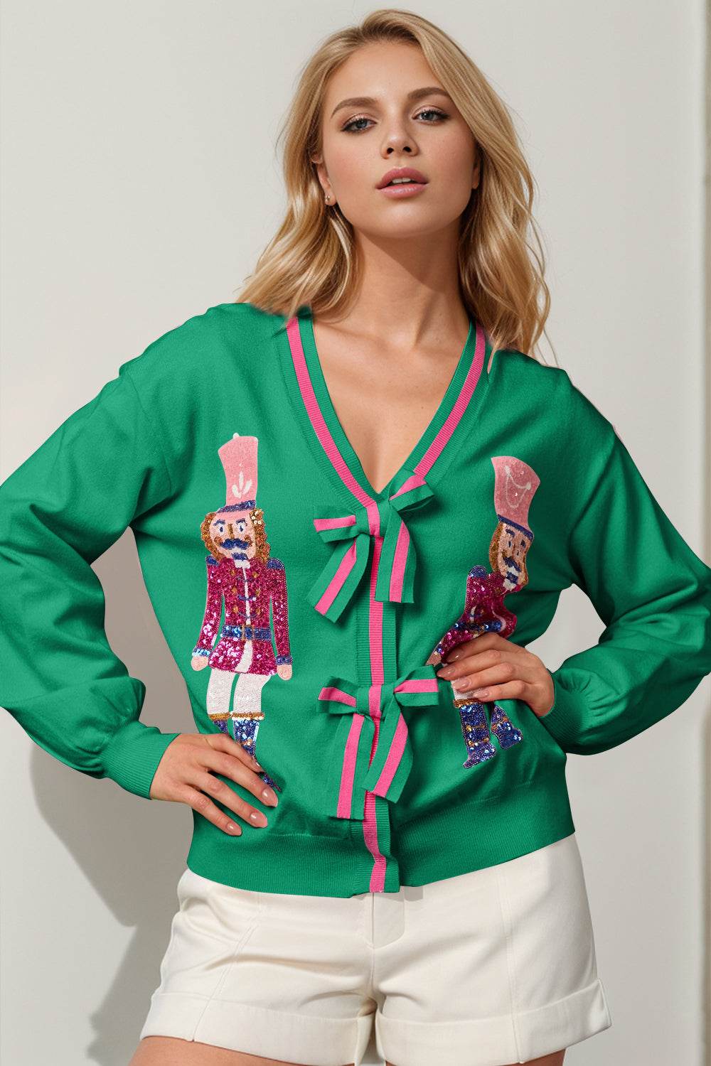 Double Take Full Size Nutcracker Sequin Bow Decor Cardigan - Hovatok