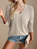 Double Take Pocketed Textured V-Neck Long Sleeve T-Shirt - Hovatok