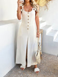 Devine Button Front Knotted Strap Wide Leg Jumpsuit - Hovatok