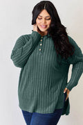 Basic Bae Full Size Ribbed Half Button Long Sleeve High-Low T-Shirt - Hovatok