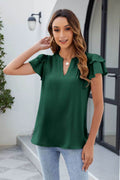 Ruffled Notched Short Sleeve Blouse - Hovatok