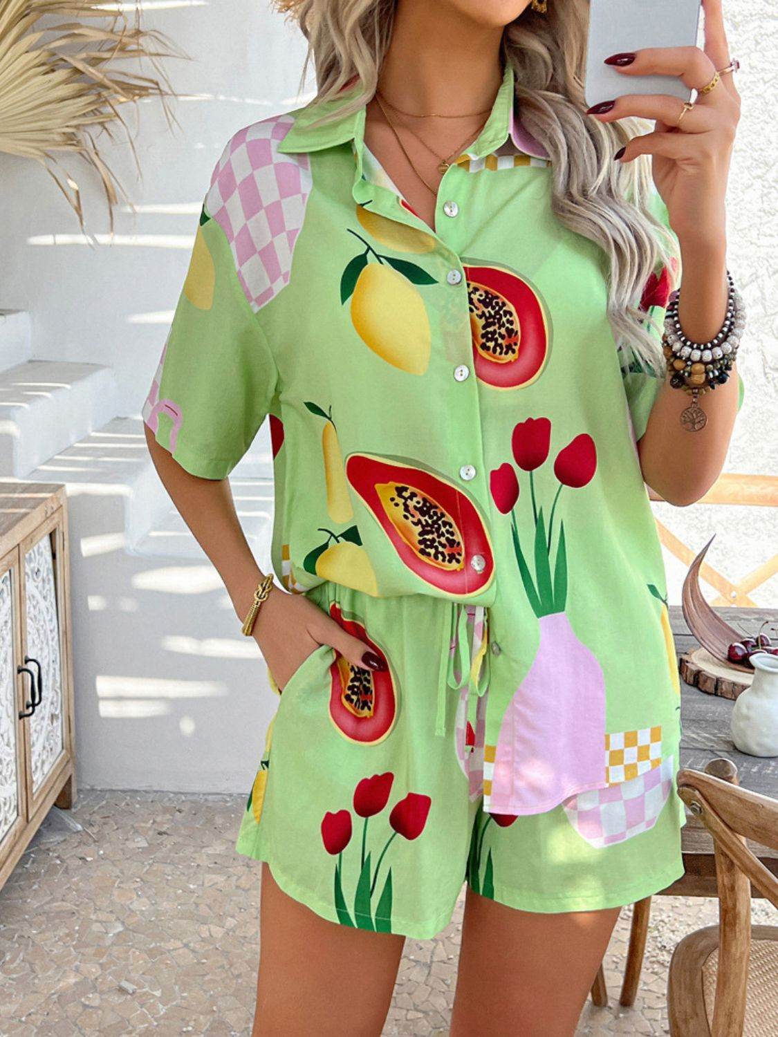 Devine Printed Button Down Shirt and Shorts Set - Hovatok