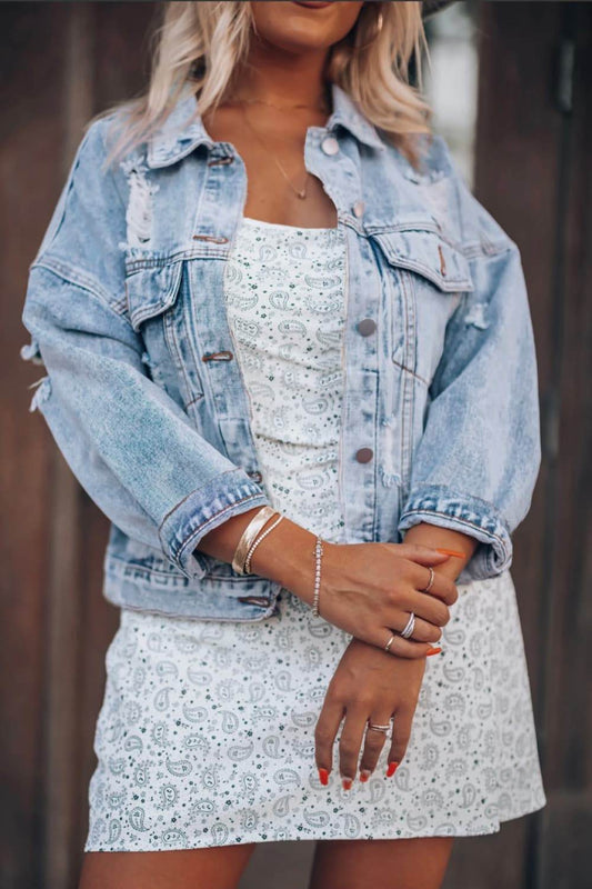 Distressed Drop Shoulder Denim Jacket - Hovatok