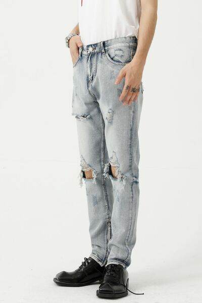 Distressed Side Zip Jeans with Pockets - Hovatok