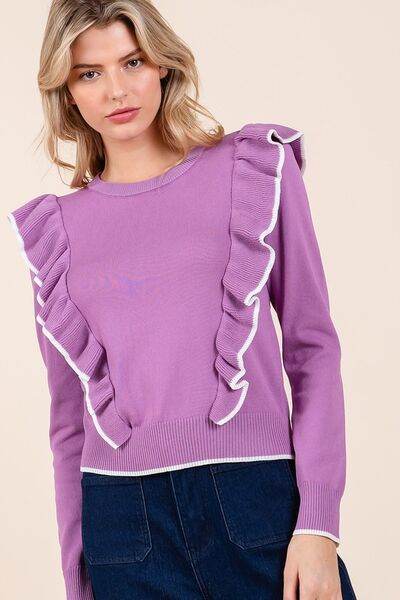 Mittoshop Contrast Trim Ruffled Round Neck Knit Top - Hovatok