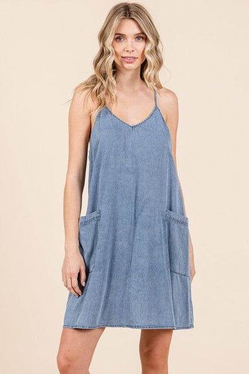 Mittoshop Washed Patch Pocket Mini Cami Denim Dress - Hovatok